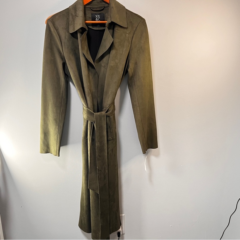 New York & Company Faux Suede Olive Trench Coat